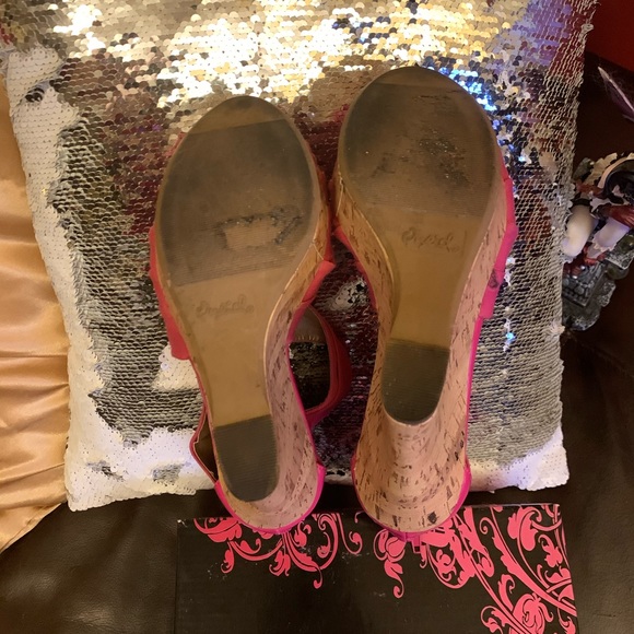 Pink Strappy Cork Platforms - Fuschia Twill - Picture 4 of 8